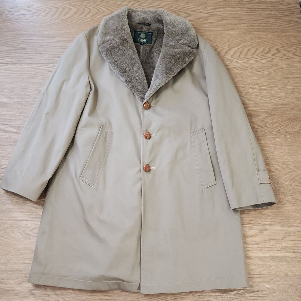 Orvis Mens Sherpa Fur Lined Jacket Overcoat USA Mid Trench Coat 80s 90s Khaki 40